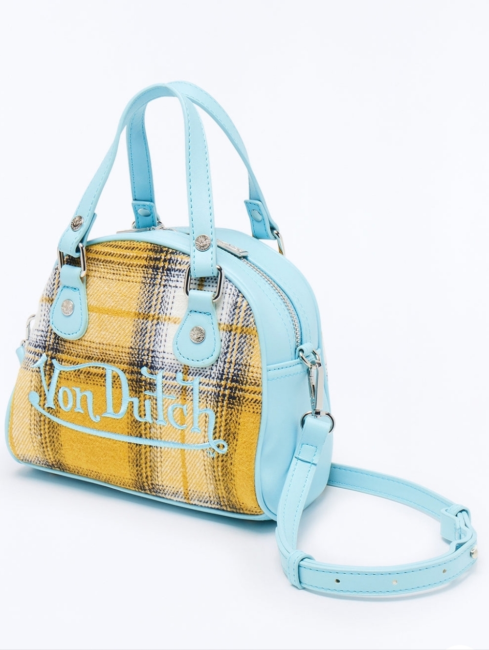 Von Dutch Yellow Plaid Mini Satchel with Sky Blue Trim
